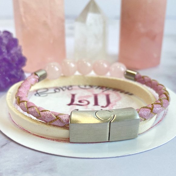 Natural Rose Quartz Beaded Bolo Braided Leather Mother and Daughter Bracelet - Picture 2 of 10
